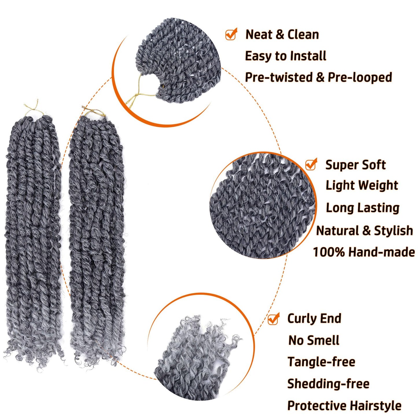 Passion Twist Hair 18 Inch Pre-twisted Passion Twist Crochet Hair for Women Pre-looped Water Wave Crochet Braids Bohemian Curly Crochet Hair Synthetic Hair Extensions 8 packs 1B/Gray