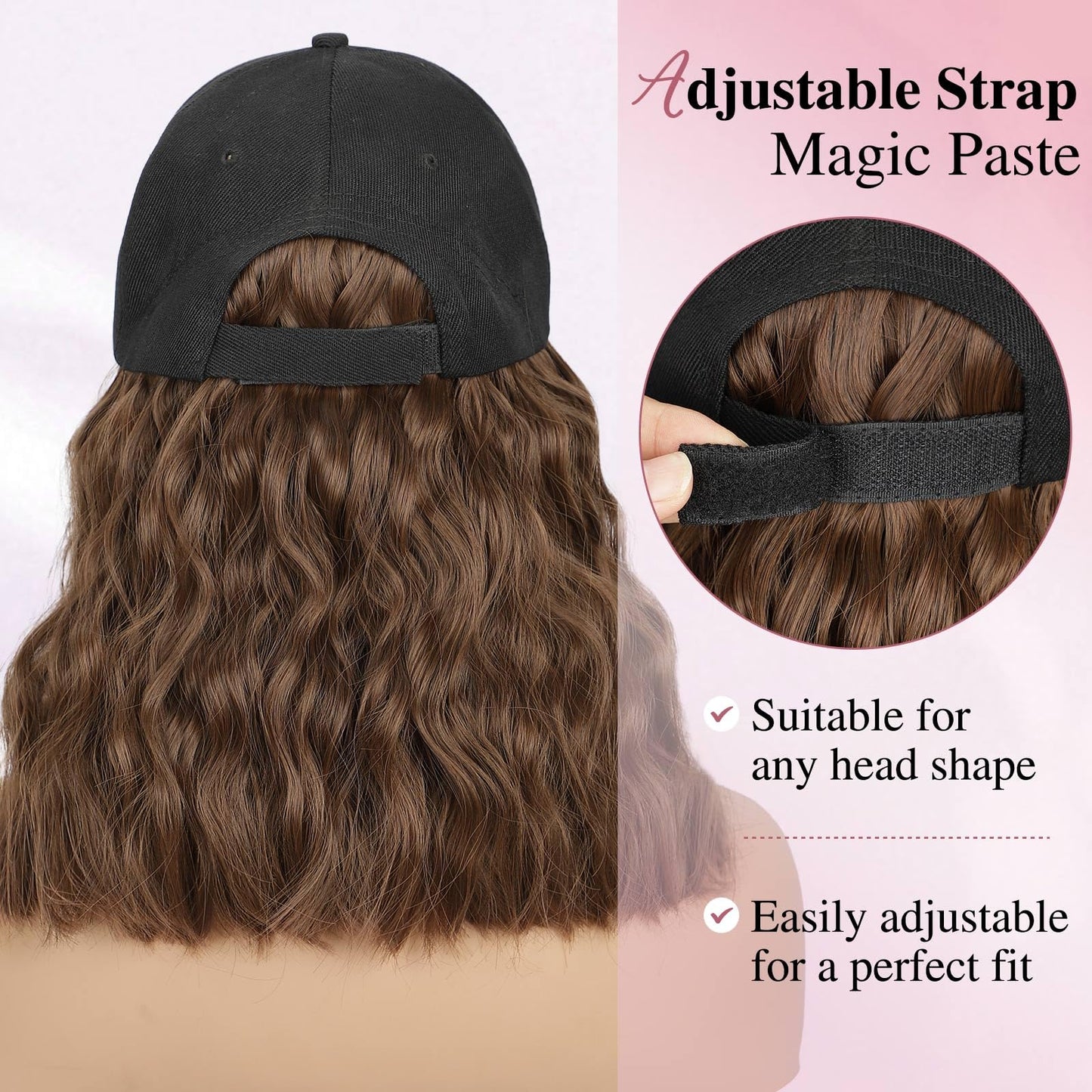 HANYUDIE Hat Wig for Women Wig Cap with Curly Hair Extensions Hat with Hair Wave Adjustable Baseball Cap Wigs