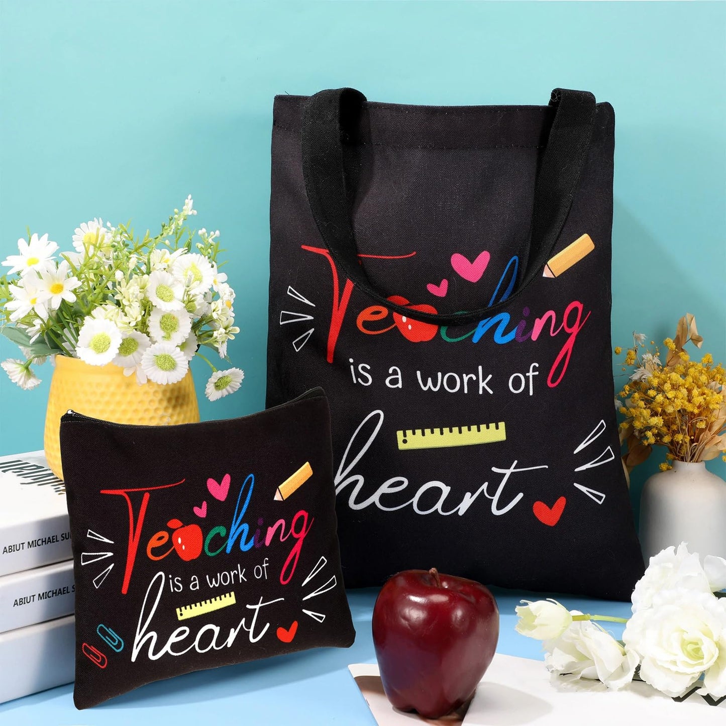 Kacctyen 12 Pcs Teacher Graduation Appreciation Gifts 6 Reusable Grocery Bag 6 Cosmetic Bags Thank You Women Gifts(Teaching is a Work of Heart)