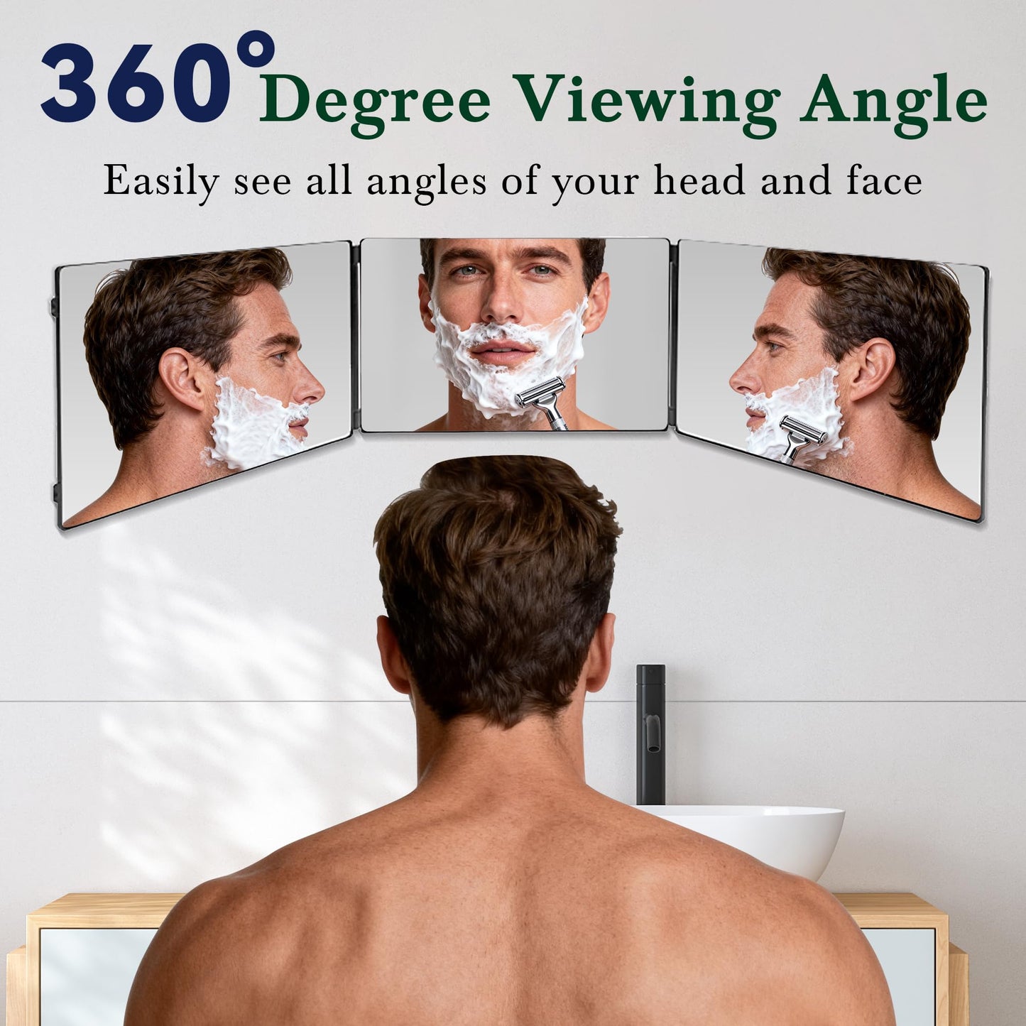 3 Way Mirror for Self Haircut with Adjustable Hook - 360° Trifold Barber Mirror, HD Anti-Distortion Glass, Portable Black Mirror for Hair Cutting, Shaving, Braiding & Makeup (Door/Wall/Tabletop Use)