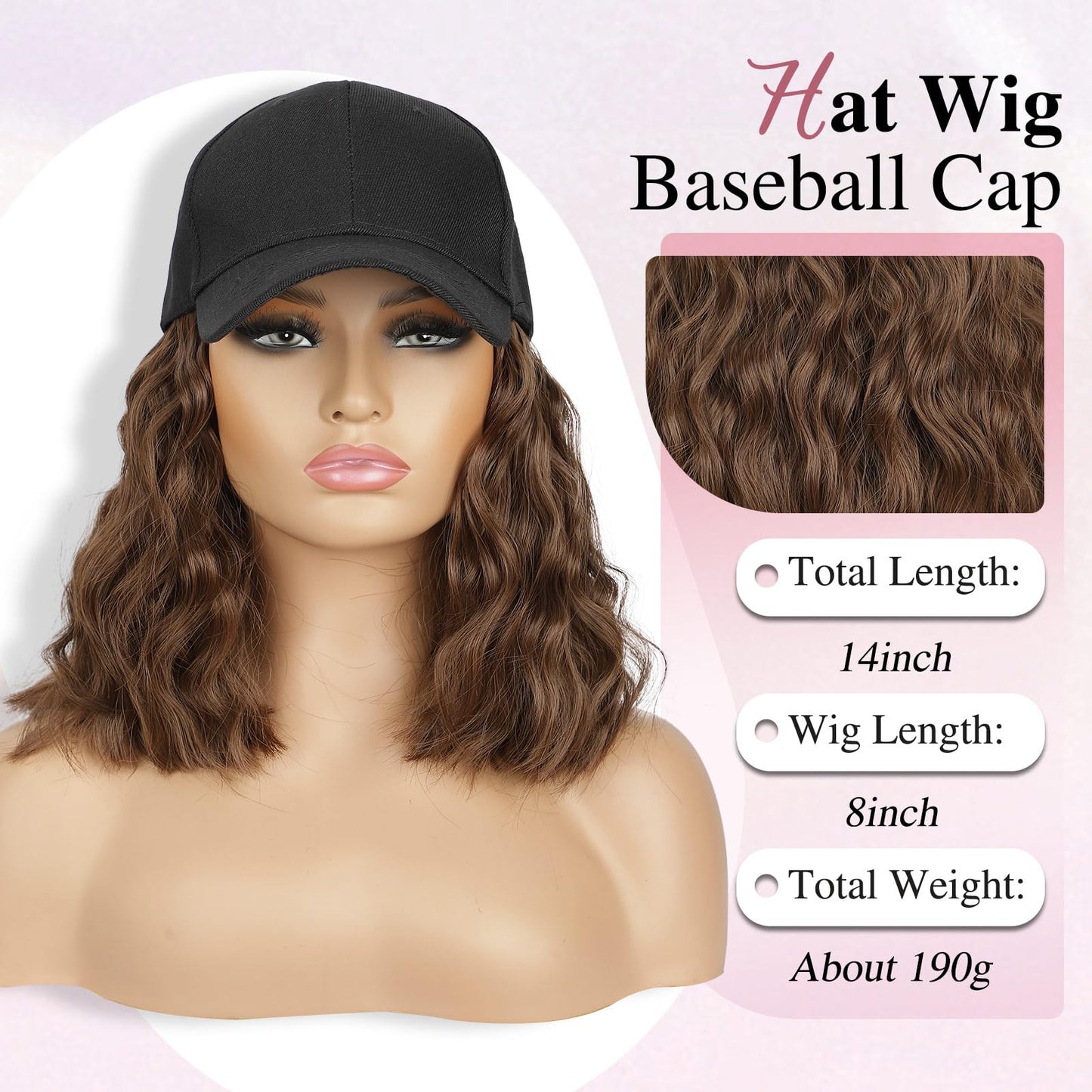 HANYUDIE Hat Wig for Women Wig Cap with Curly Hair Extensions Hat with Hair Wave Adjustable Baseball Cap Wigs