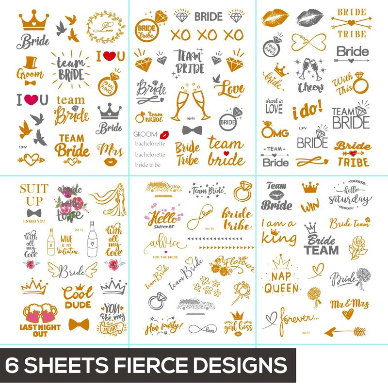 6 Sheets Gold Silver Temporary Tattoos for Women Men – Metallic Tattoo Stickers for Bachelorette Party, Bridal Shower, Wedding Celebrations, and Team Bride Events – Waterproof Fake Tattoos