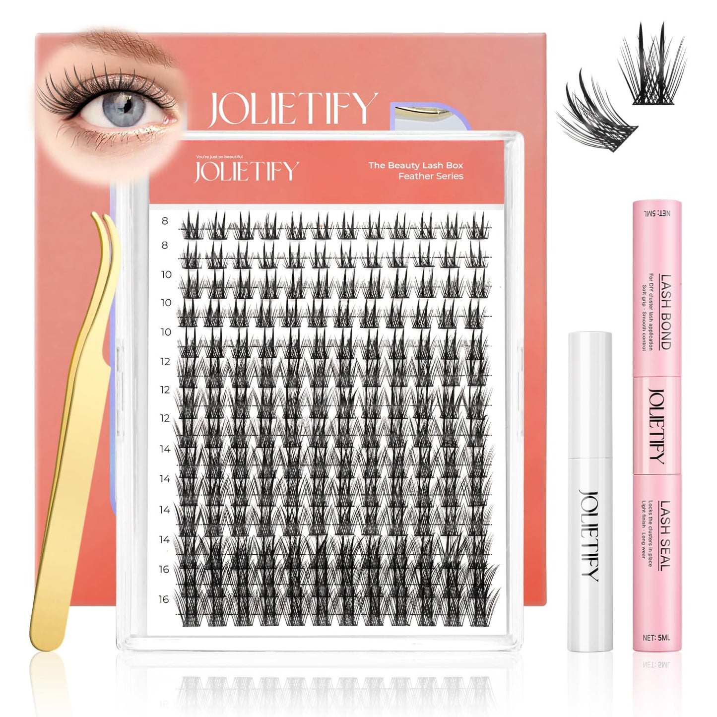 JOLIETIFY Lash Extension Kit, Faux Mink 8–16mm Clusters, Sculpted Accent Style with Dual-Bundle Design, Lightweight Volume, Waterproof Bond & Seal, Individual Lashes with Tweezers & Remover, Easy DIY