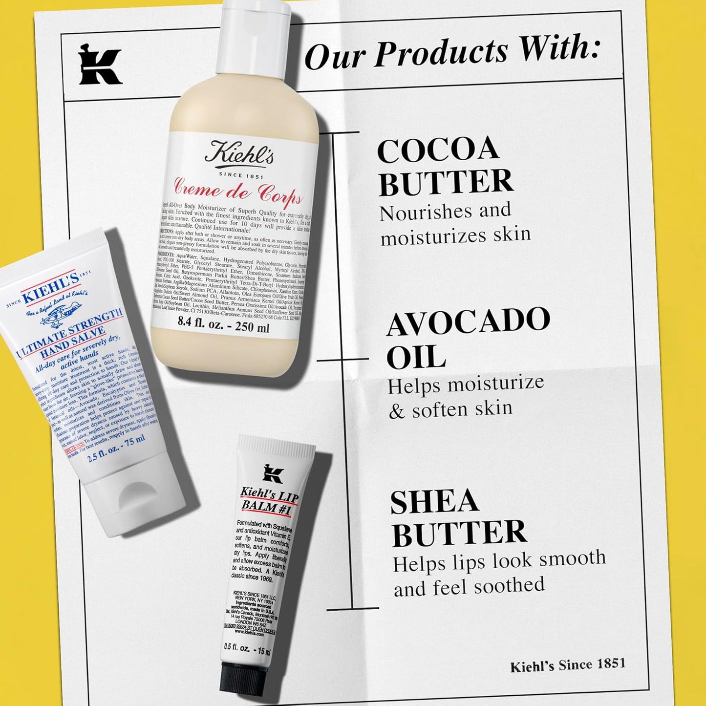 Kiehl's Body Care Routine Gift Set - Moisturizing Hand Lotion, Body Cream & Lip Balm | For Dry Skin, Unisex