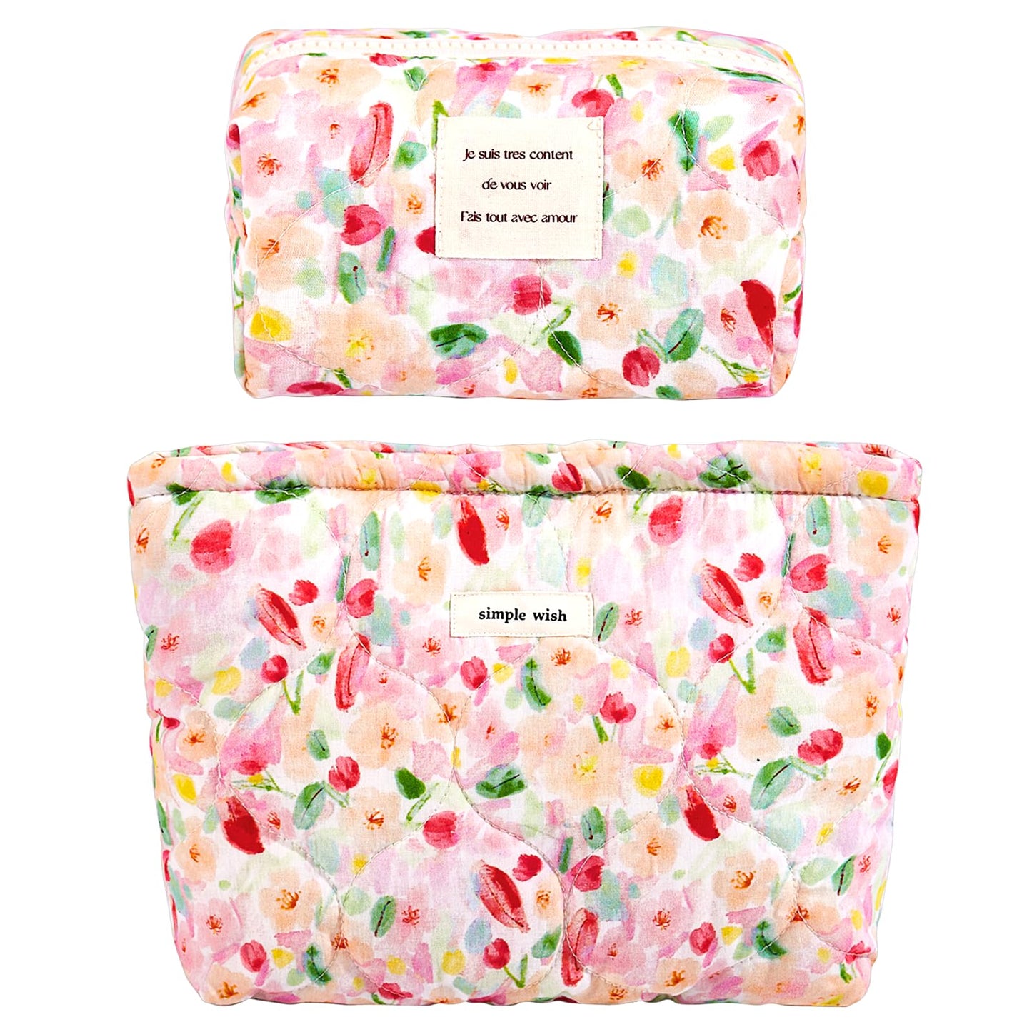 Sminra 2 Pcs Floral Makeup Bag Large Travel Cotton Quilted Cosmetic Makeup Bag Organizer, Cute Coquette Aesthetic Zipper Portable Pouch Purse Storage Toiletry Bag for Women Girls accessories
