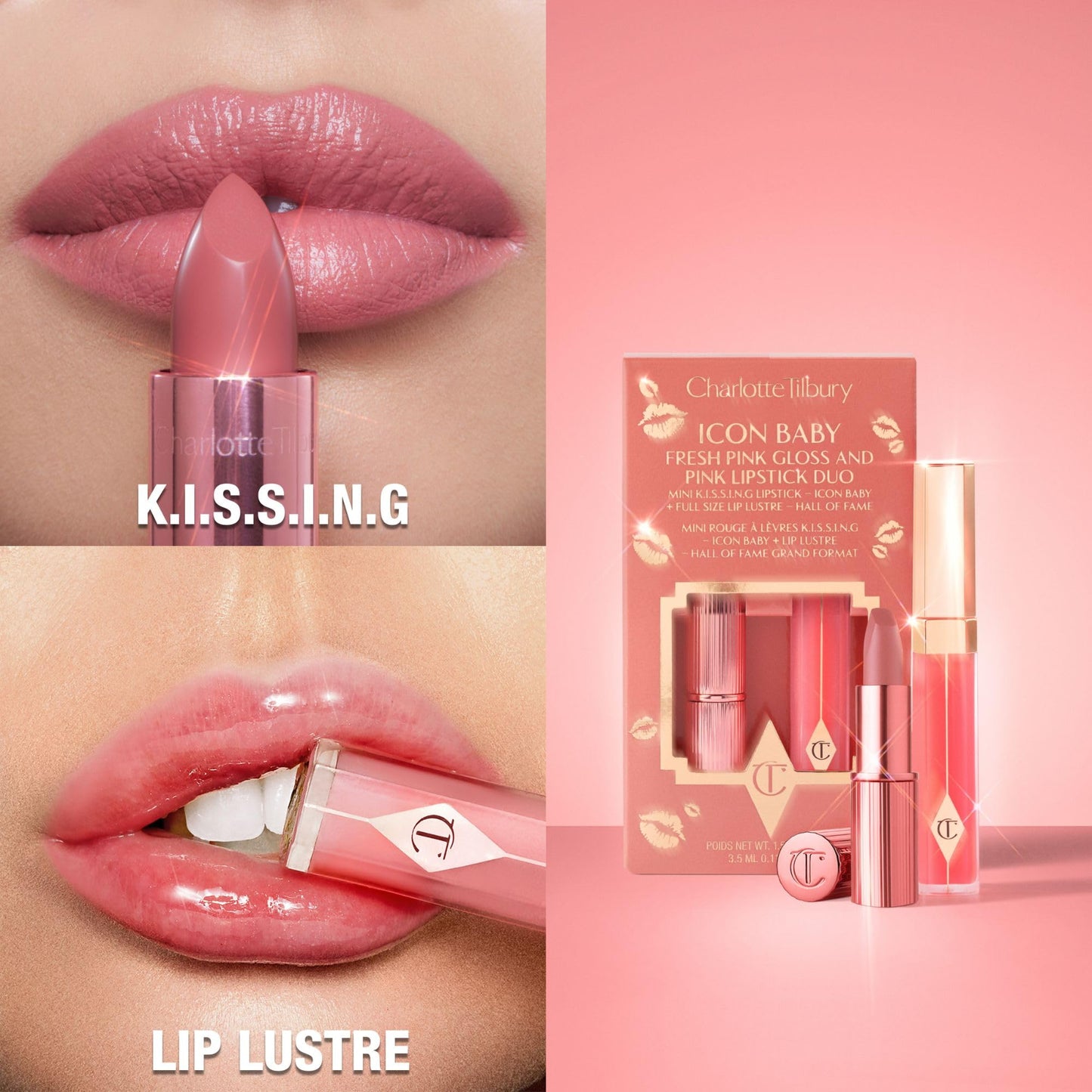Charlotte Tilbury Holiday Kit - Pillow Talk Matte Revolution Lipstick + Lip Cheat Liner + Lip Lustre Gloss & Icon Baby Duo - Iconic Nude-Pink Shades for a Gorgeous, Glossy Pout, All Season Long