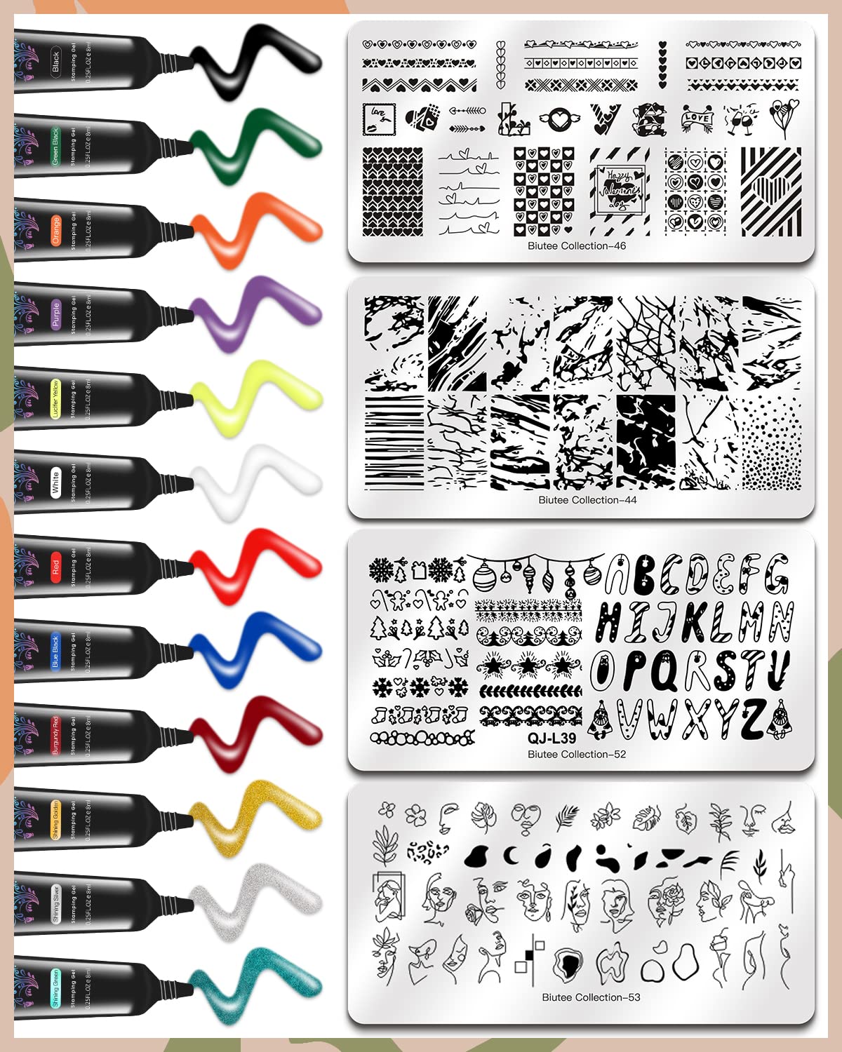 SEISSO 12 Colors Nail Stamping Polish Gels+5Pcs Stamp Print Templates+1 Peel Off Nail Tape Stamp Latex+1 Stamper with Scraper, Stamping Nail Polish Art Set Manicure Gift Collection