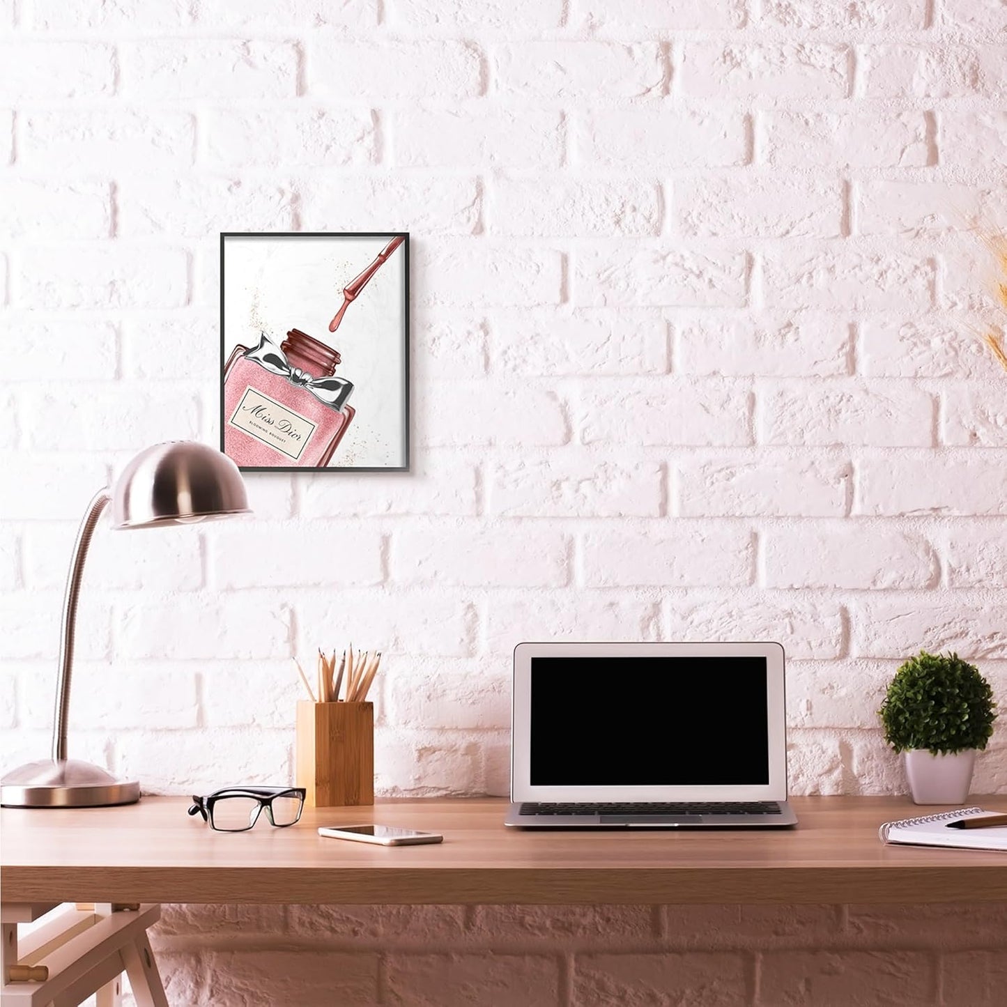 Makeup Nail Polish Brush Art - Pink Silver Drip Framed Giclee | 11 x 14 Inches, Easy to Hang