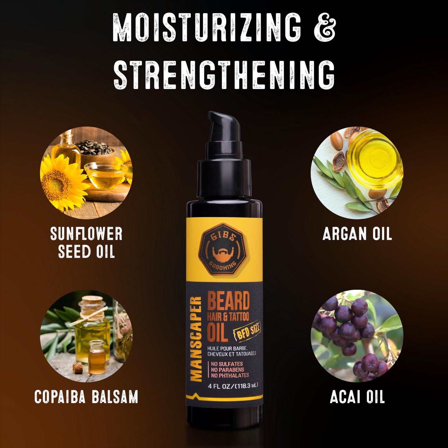GIBS Grooming - Manscaper Beard, Hair & Tattoo Oil (1 fl oz) - Softens, Strengthens, Protects - Skin Moisturizer - Vitamin C - UV Shield - Travel Size - Beard Oil, Hair Care, Skin Care - Made in USA