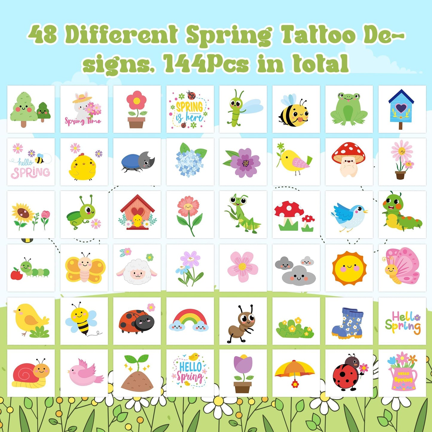 ANGOLIO Spring Theme Temporary Tattoos Stickers - 144Pcs Spring Animals Themed Tattoos Stickers, Cute Cartoon Bee Ladybug Butterfly Pattern Decals for Kids Party Goodie Bag Stuffers Classroom Rewards