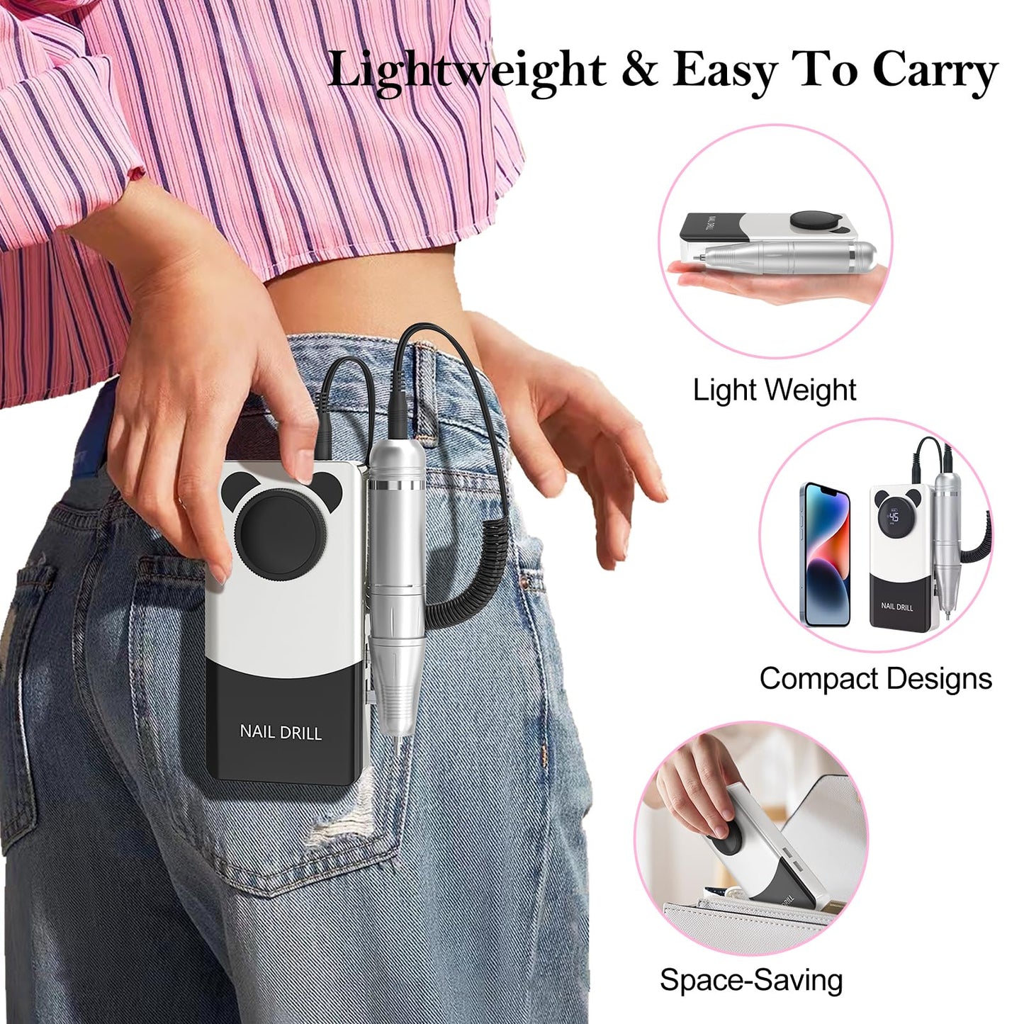 Electric Nail Drill Professional: 45000RPM Rechargeable Nail File with Bits & Base for Acrylic Gel Nails, Professional Nail Drill Manicure Pedicure Polishing Shape Tools for Home Salon