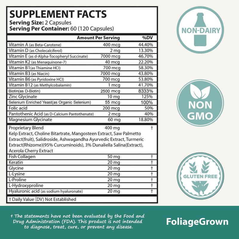 FoliageGrown Hair Growth Supplements,Visibly Thicker Hair,Hair Growth Vitamins for Women and Men - 2 Month Supply(120 Capsules), White