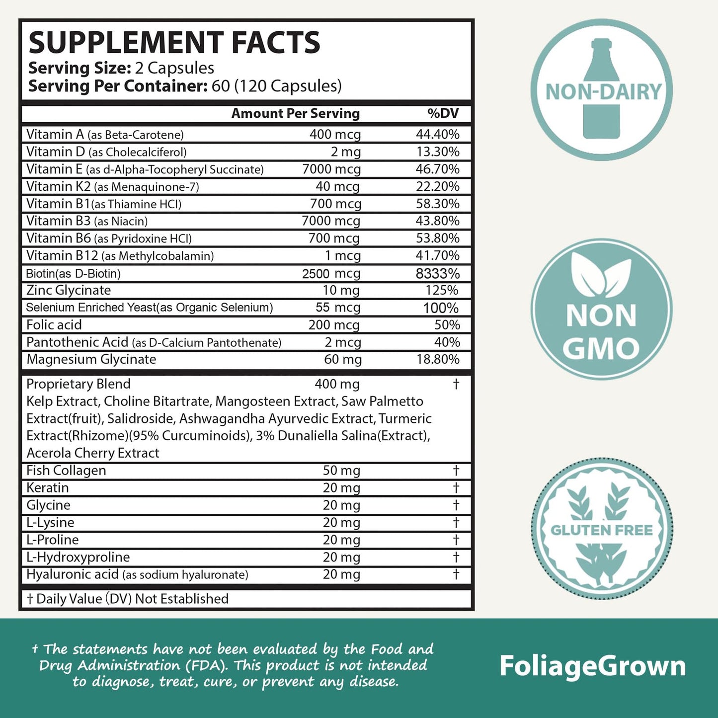 FoliageGrown Hair Growth Supplements,Visibly Thicker Hair,Hair Growth Vitamins for Women and Men - 2 Month Supply(120 Capsules), White