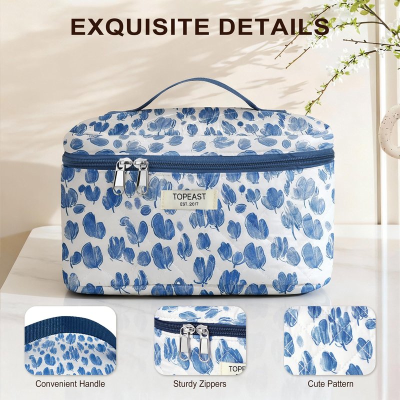 TOPEAST Travel Makeup for Women Girl, 3Pcs Large Cute Quilted Make up Bag Organizer for Purse, Portable Big Cosmetic Brush Pouch with Zipper Compartment, Blue Bow