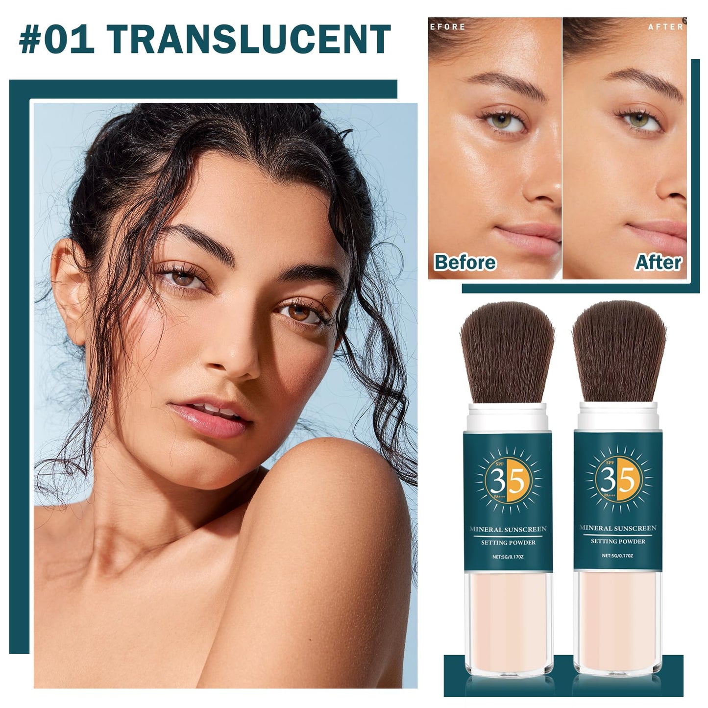 QIUFSSE 2PCS Mineral Sunscreen Powder SPF Powder for Face - 01 Translucent