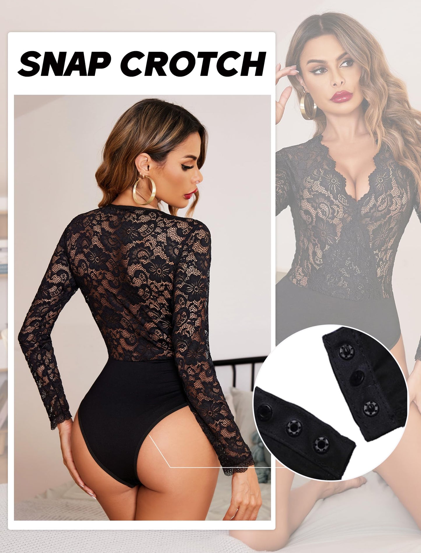 Avidlove Womens Long Sleeve Black Bodysuit V Neck Lace Body Suits Going Out Tops Snap Crotch One Piece Teddy Lingerie