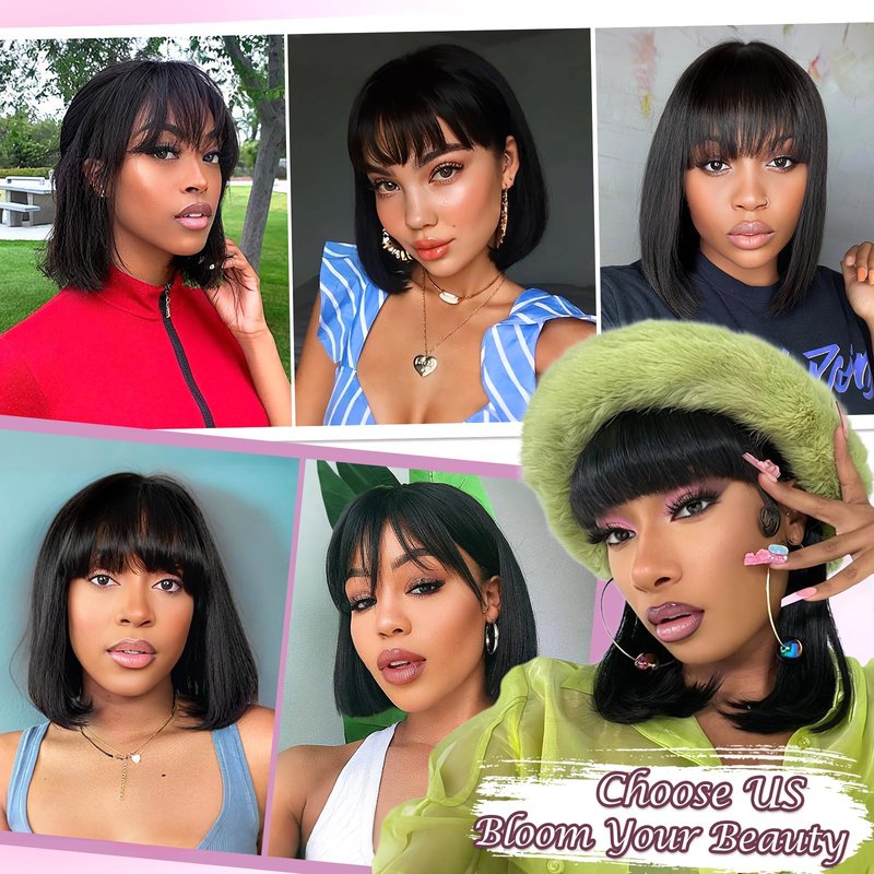 ZHENGON Bob Human Hair Wig with Bangs Silky Straight Glueless Wigs Human Hair 150% Density Black Bob Wig with Bangs None Lace Machine Made Wigs for Black Women 10Inch