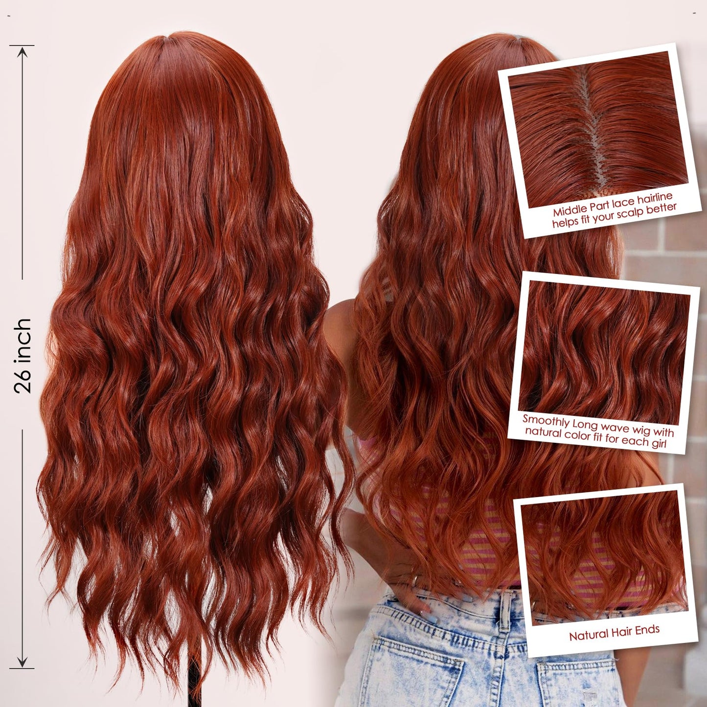 SHINLEA Brown Highlight Wig for Women, 26 Inch Long Wavy Lace Hairline Middle Part Natural Looking Synthetic Heat Resistant Fiber Wigs for Daily, Party, Halloween and Cosplay, Brown Highlight