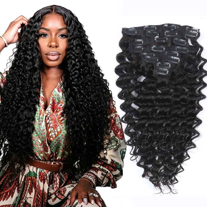 Deep Wave Clip in Hair Extensions Real Human Hair 16 Inch Deep Curly Clip ins for Women Invisible Seamless Remy Human Hair Clips in Extensions 8pcs 100g/3.5oz 20 Clips Double Weft Natural Black