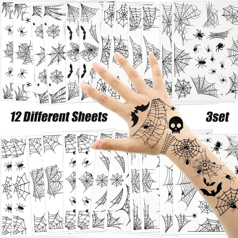 Halloween Face Tattoo Sheets - Spider Web Temporary Body Art | 36 Designs for Cosplay & Costume Parties