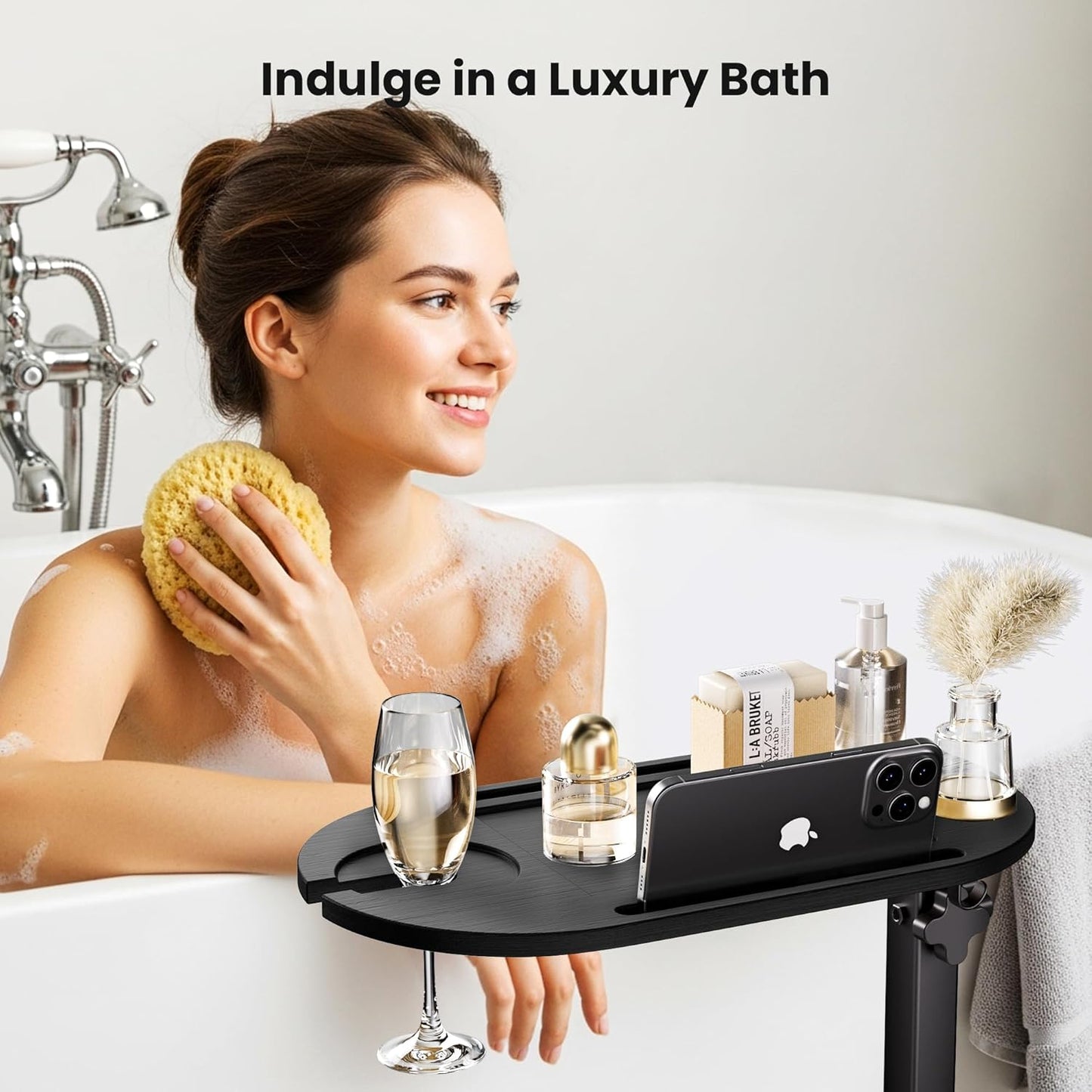 Bamboo Bathtub Table - Adjustable Height Freestanding Bath Tray Caddy | Perfect Housewarming & Wedding Gift
