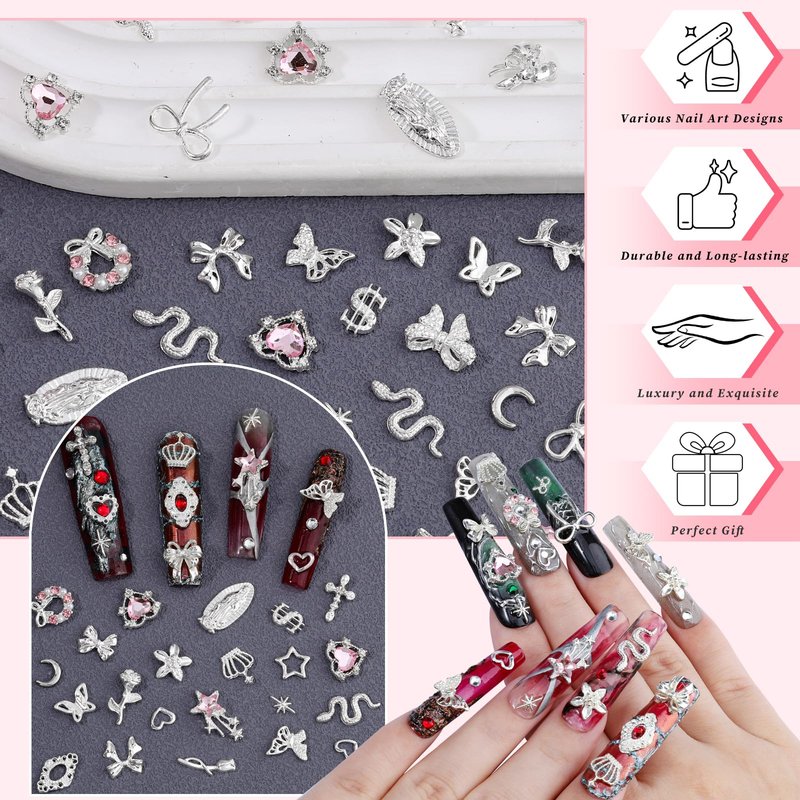220Pcs Silver Nail Charms, 24 Styles 3D Cross Nail Charms Pink Heart Nail Rhinestones Bow Butterfly Star Crown and Virgin Mary Y2K Shiny Jewelry with Tweezer for Nail Art Supplies