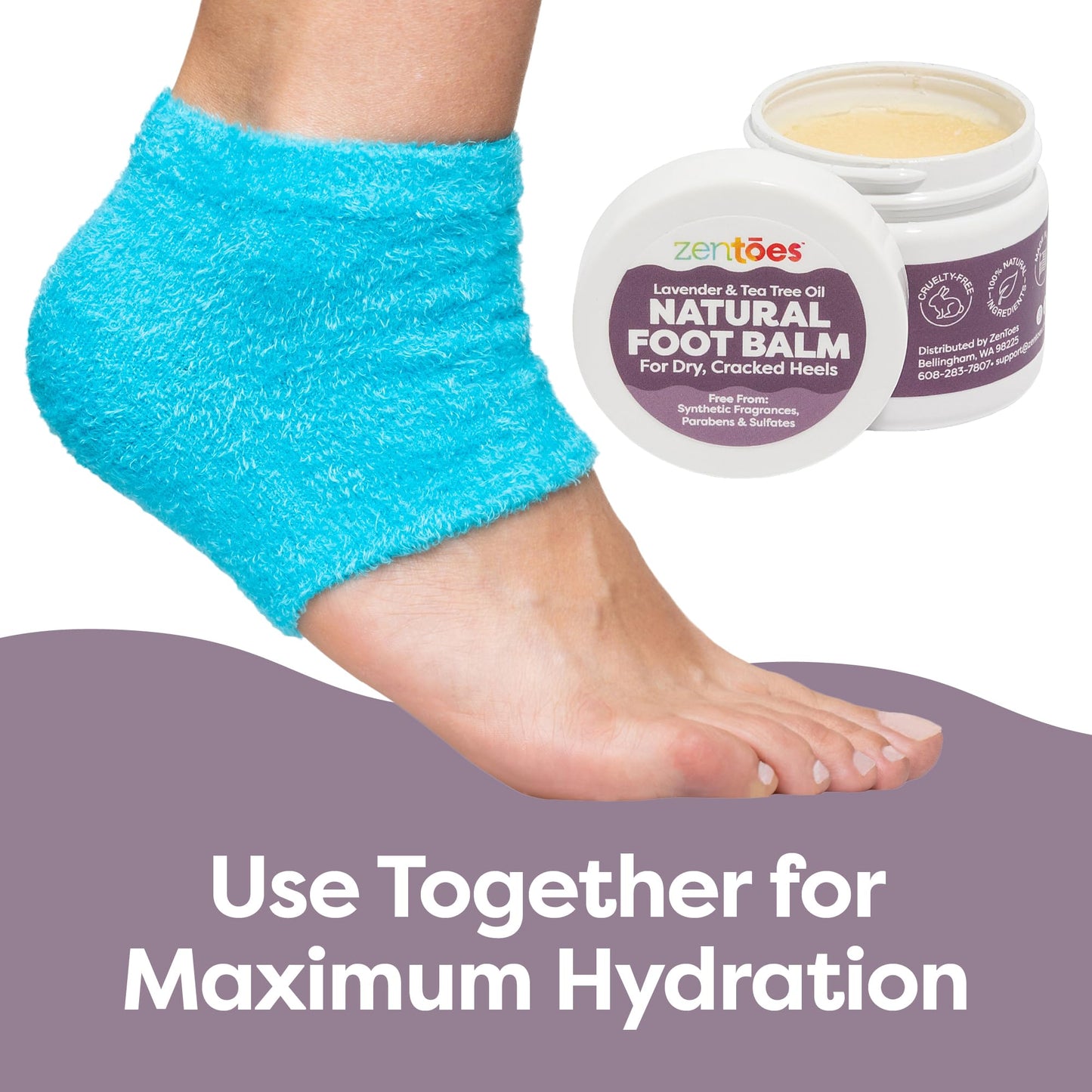 ZenToes Moisturizing Heel Socks with Natural Hydrating Foot Balm Bundle - Home Pedicure Gift Set - Fuzzy Blue Kit