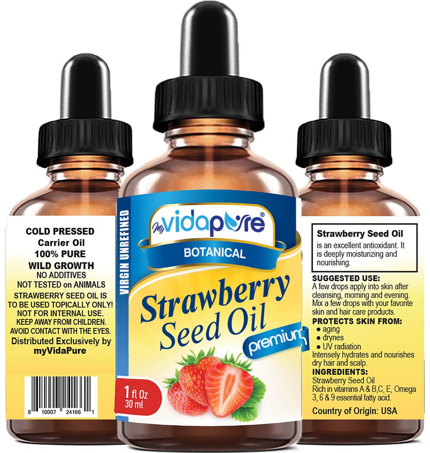 MYVIDAPURE STRAWBERRY SEED OIL 100% Pure Unrefined Virgin Cold Pressed. Moisturizer for Face, Skin, Hair, Nails, Scars, Anti Aging Omega 6 Vitamin C (1 Fl Oz)