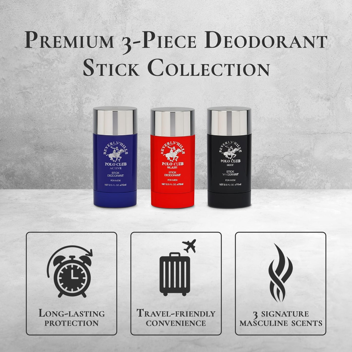 Beverly Hills Polo Club Men’s Deodorant Stick Gift Set – 3 Piece Collection (Active, Blaze & Sexy) – Long-Lasting Solid Stick Deodorants for Daily Freshness & Odor Protection – 3 x 2.5 oz / 75 ml