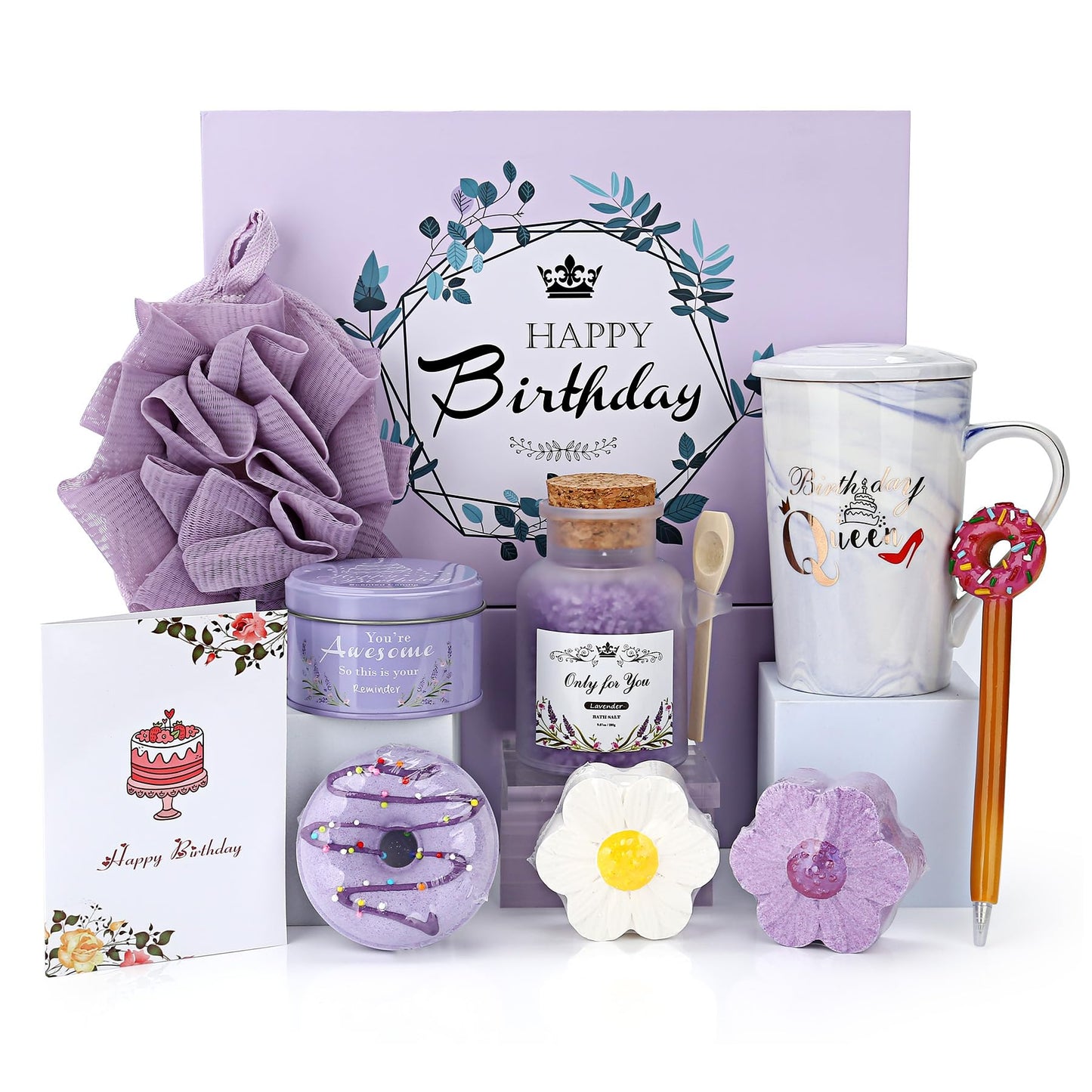 Whisysher Gift Basket for Women, Unique Relaxing Spa Birthday Gift Box, Purple Ceramic Mug, Lavender Scented Candle, Bath Bombs, Salt, Loofah Sponge