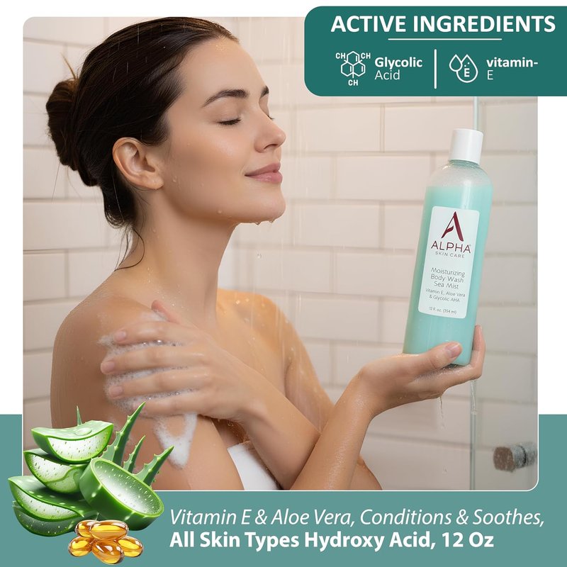 Alpha Skin Care Moisturizing Body Wash - Gentle Anti-Aging Formula with Glycolic AHA & Aloe Vera | 12 Oz