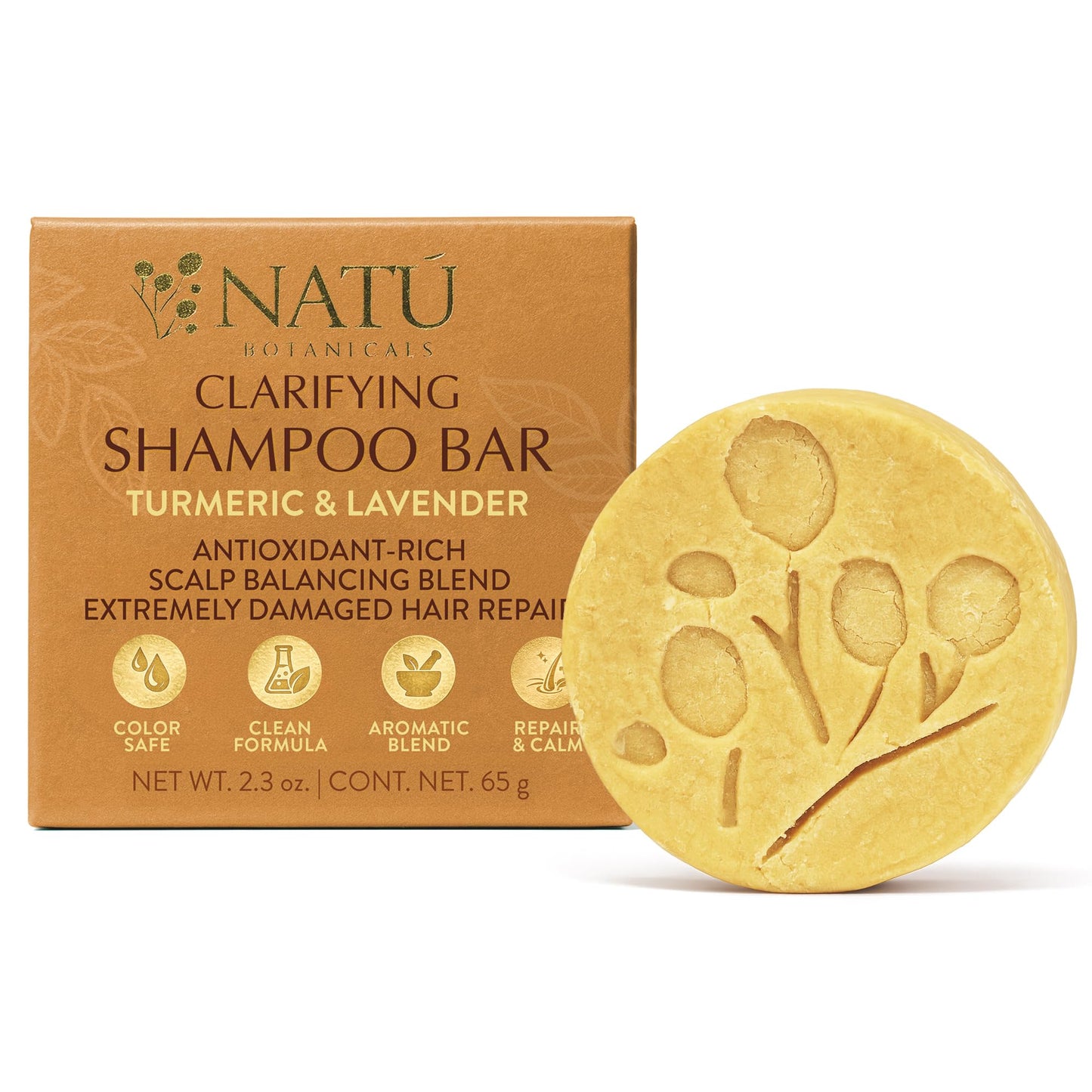 NATÚ BOTANICALS Clarifying Shampoo Bar - Strengthening Solid Shampoo Bar with Turmeric, Lavender and Cocoa Butter for Strengthening and Hair Repair - Sulfate Free for Silky Shine & Paraben Free 2.3oz