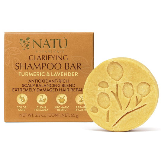 NATÚ BOTANICALS Clarifying Shampoo Bar - Strengthening Solid Shampoo Bar with Turmeric, Lavender and Cocoa Butter for Strengthening and Hair Repair - Sulfate Free for Silky Shine & Paraben Free 2.3oz