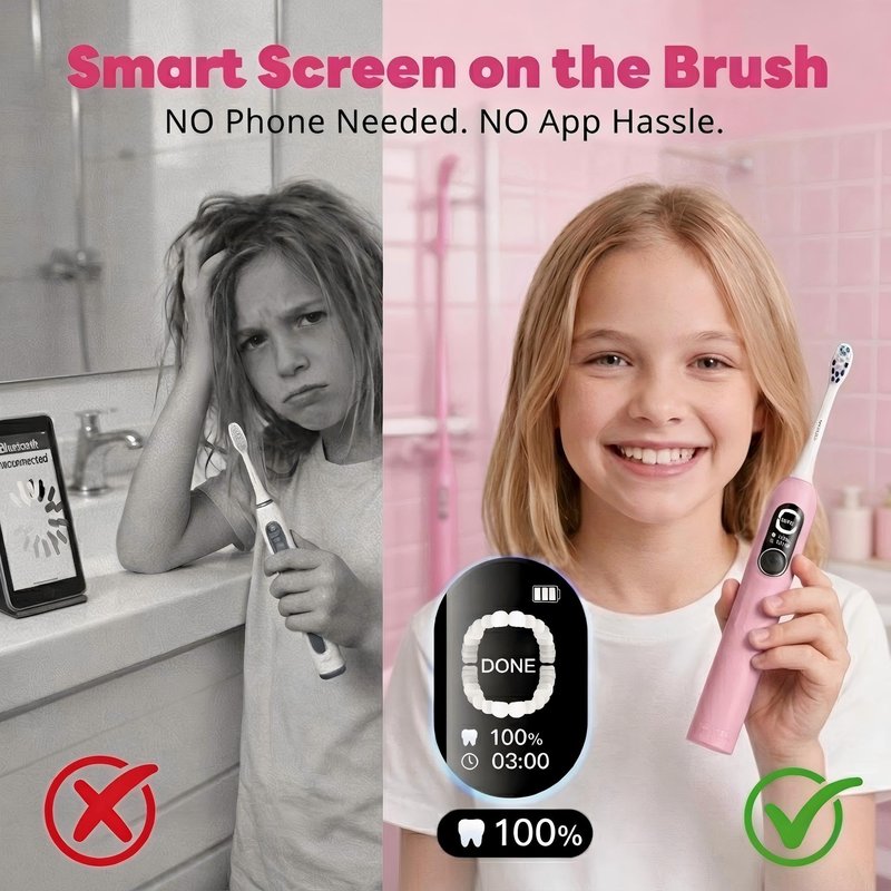 SAKYPRORAL Kids Electric Toothbrush for Girls Teens Tween (6-15Y), Smart Screen with Brushing Score, Soft Bristles, Visual Timer for Braces, 150 Days Battery with Travel Case (Pink)