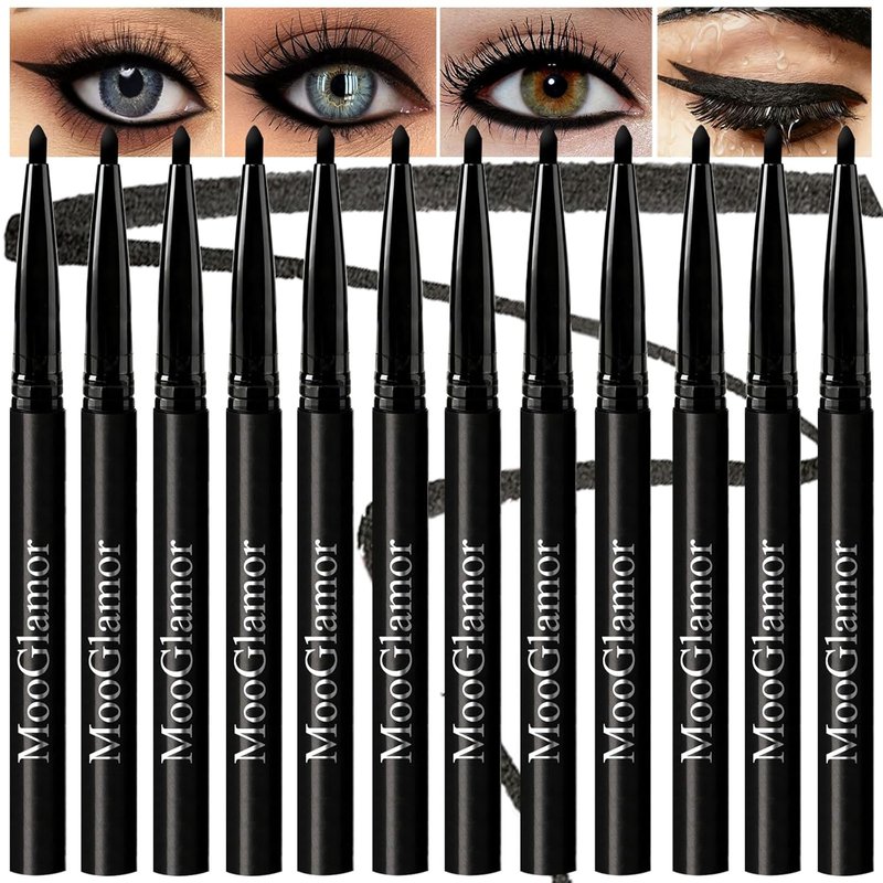 Black Eyeliner Pencil Set - 12 Pcs Waterproof Gel for Bold, Defined Eyes | Retractable Design