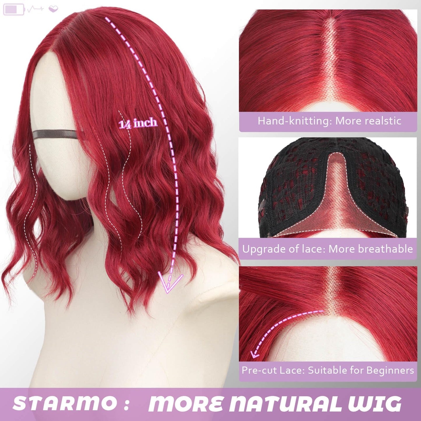 Starmo Ombre Light Brown With Blonde Short Wavy Bob Glueless Synthetic Fiber Lace Front Wig for Women Pre Cut for Beginners Natural Hairline 14 Inch