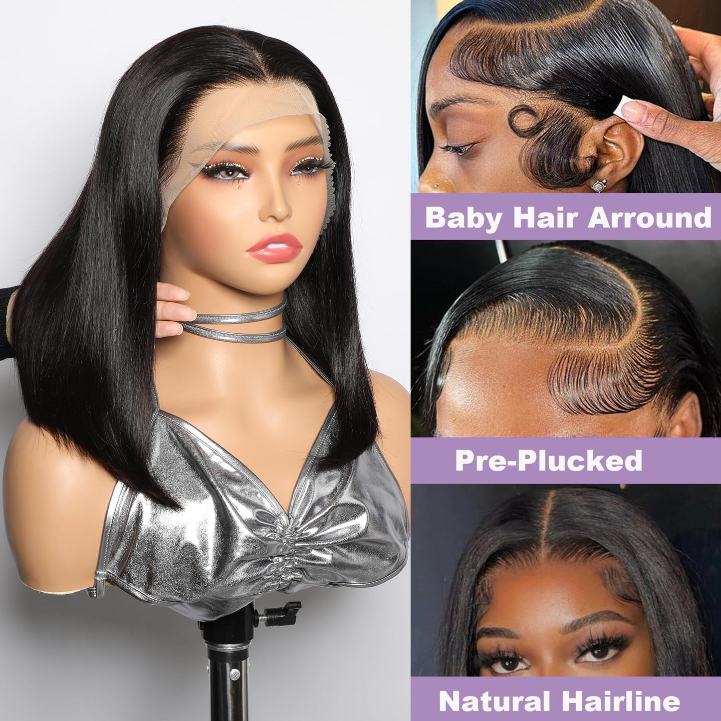Bob Wig Human Hair 13x4 Straight Lace Front Wigs Glueless Pre Plucked with Baby Hair 100% Brazilian Remy Hair Transparent Lace Frontal Wigs for Black Women - 180% Density Natural Color 8 Inch