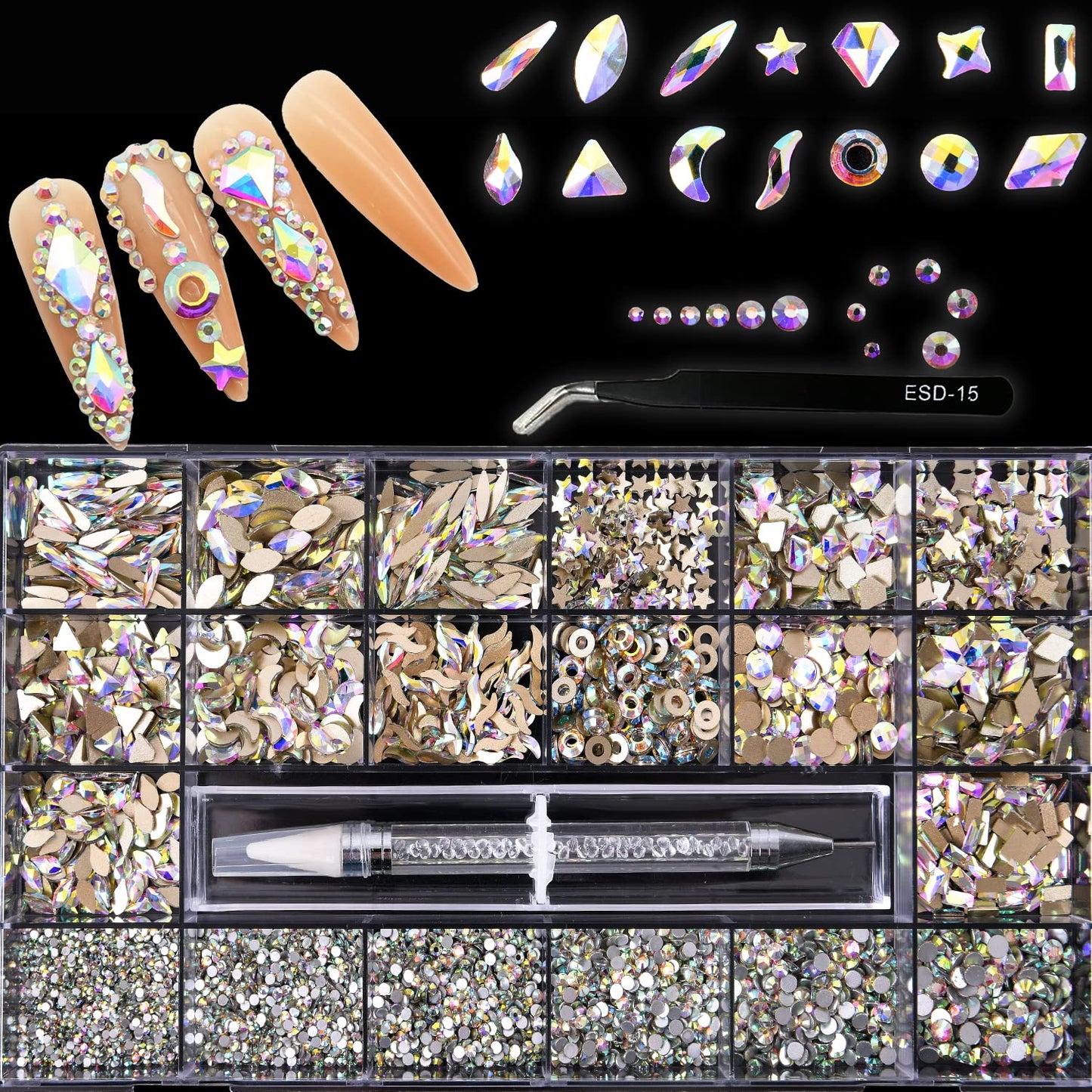 4180 Pcs Crystal Flatback Rhinestones Gems Nail Kit for Nail Art,Crafts,Clothes Shoes Decorations Jewelry (700 Diamonds + 3480 Flat Rhinestones, with Rhinestones Pen), Green