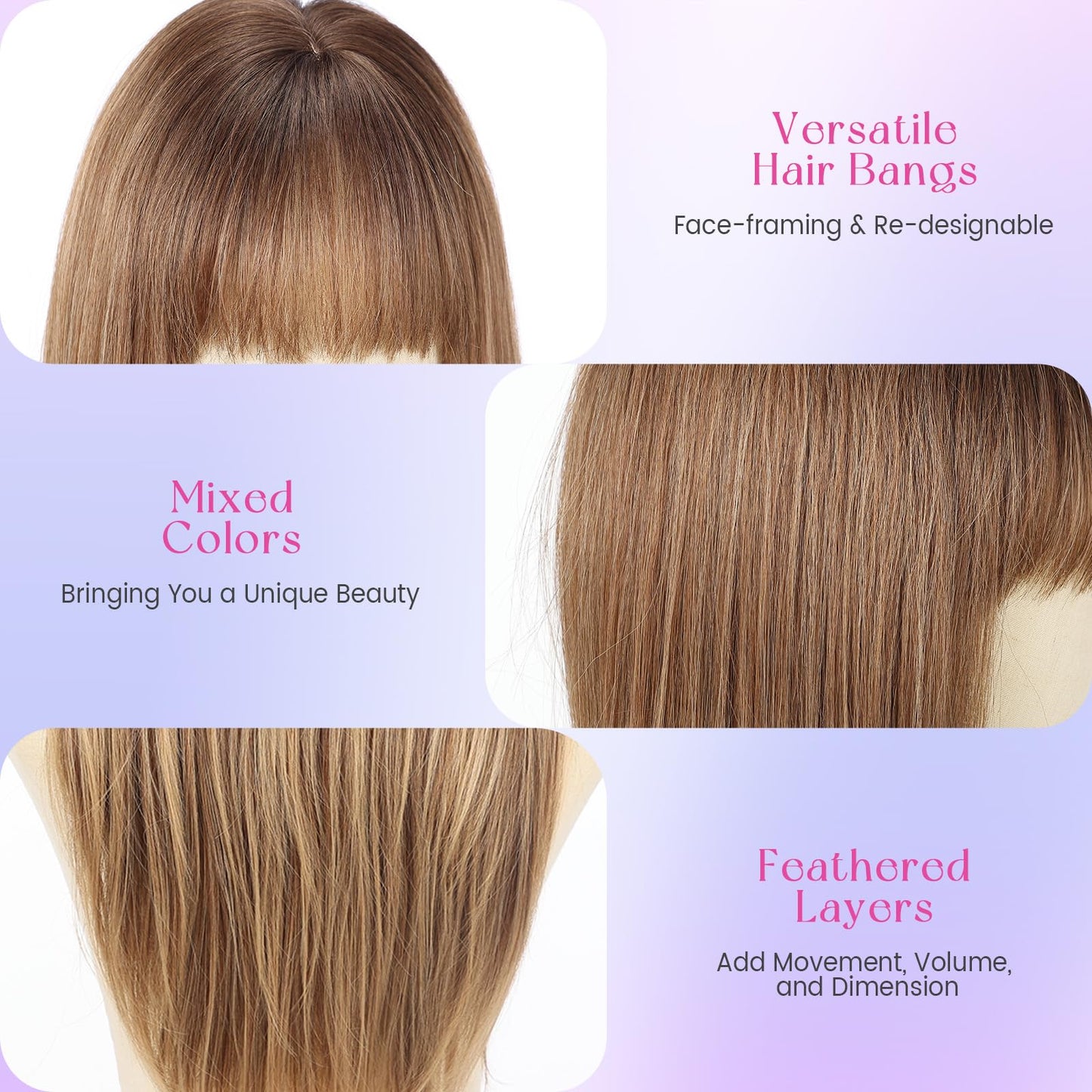 testar 4x4 Realistic Scalp Long Ombre Brown Blonde Straight Wigs With Bangs for Women Synthetic Heat Resistant Fiber 26IN Layered Brunette Wigs for Daily Use