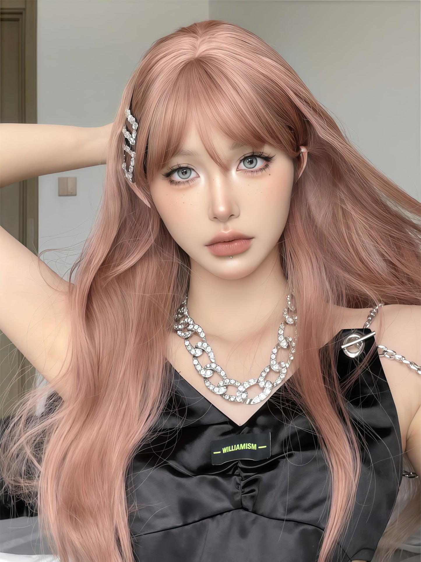 Aadesso Peach Pink Long Straight Wig 65cm Blunt Bangs Daily Synthetic Hair for Women East Asian Fashion K-pop Style Sweet Fresh Heat Resistant wig cap (25.6 Inch)