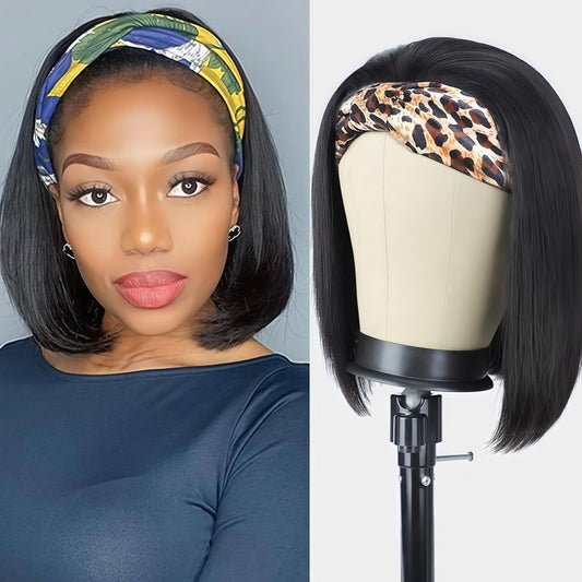 Comfair Headband Wig Human Hair Bob Short Straight Human Hair Headband Wig Wear And Go Glueless Wigs 180% Density None Lace Natural Color Bob Short Human Hair Wigs for Black Women(14 inch)
