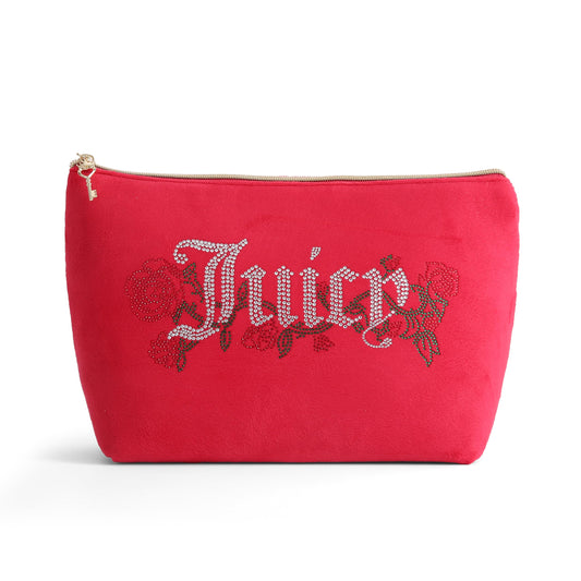 Juicy Couture Red Makeup Bag Cosmetics Organizer Travel Essentials Top Zip Pouch Velour Rhinestone Roses