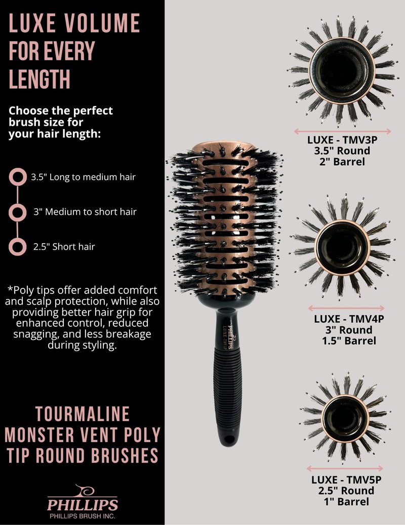 Phillips Brush Luxe Tourmaline Monster Vent 3 Poly-Tip Professional Hair Brush (3.5” Barrel Head) - Vented Blowout Hairbrush with Poly Tipped Nylon & Boar Hair Bristles