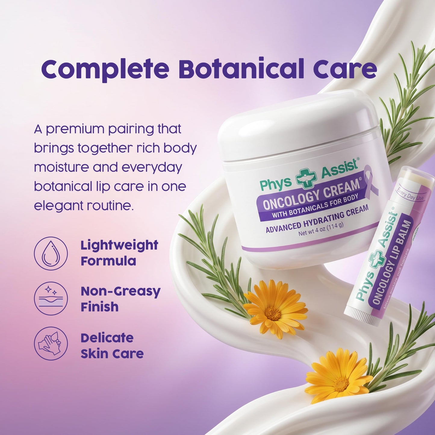 PhysAssist Oncology Cream with Botanicals for Body 4 oz + Lip Balm 3 Pack. Skin Therapy Set for Dry, Sensitive & Stressed Skin – Hydrating Body Cream & Moisturizing Lip Care
