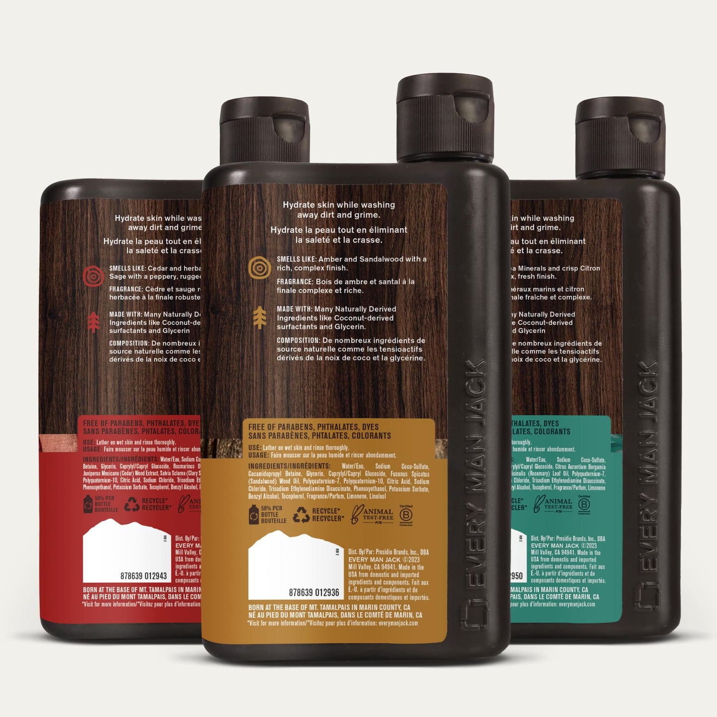 Every Man Jack Men's Body Wash Variety Pack - Includes 3 Body Washes with Natural Ingredients & Incredible Scents - Amber + Sandalwood, Cedar + Red Sage, Sea Minerals + Citron Fragrances (3 Pack)
