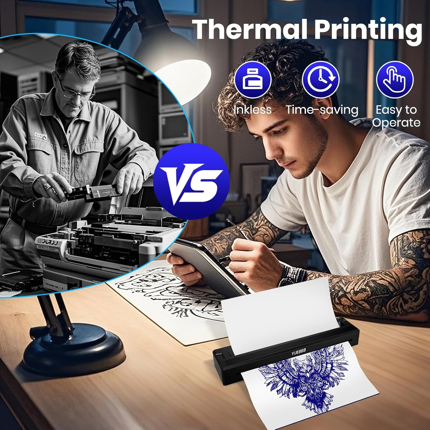 Tattoo Stencil Printer - Portable Wireless Bluetooth Thermal Transfer Machine | Includes 10 Thermal Papers & 3 Transfer Papers, Black