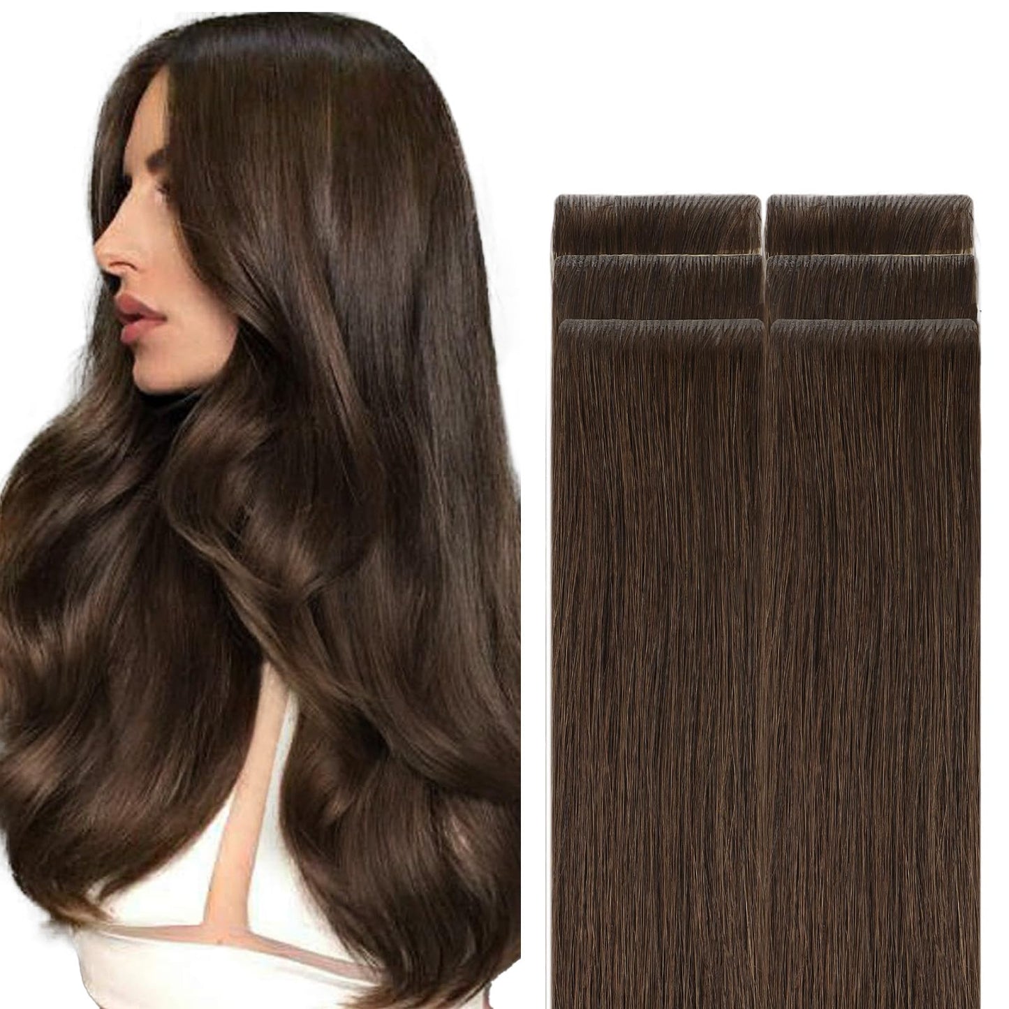 GOO GOO Invisi Edge Tape in Hair Extensions Human Hair, 4A Chocolate Brown, 6pcs 20inch 18g, Virgin Remy Hair, Seamless Injected Tape, Natural Look