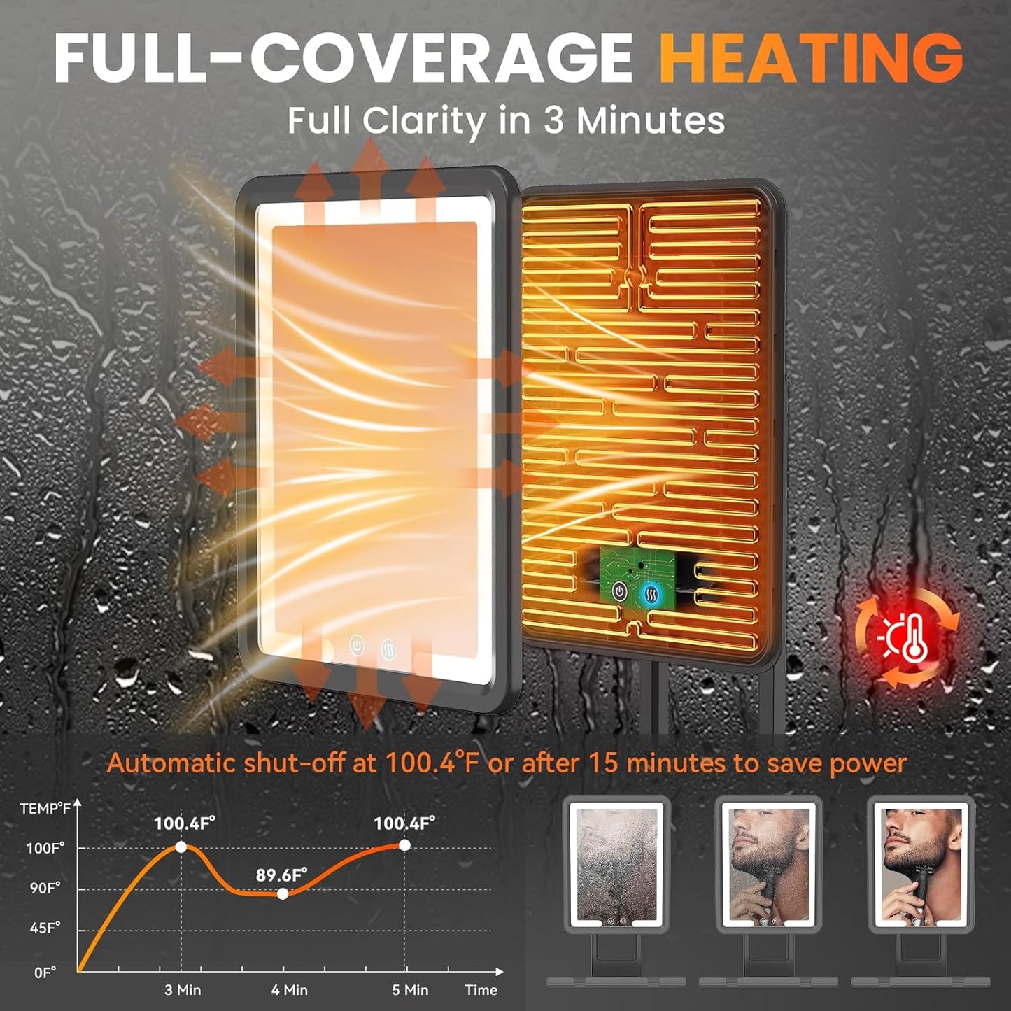 Fogless Heated Shower Mirror - 3-Color Dimmable LED Lights, Rechargeable, Adjustable | Drill-Free with Storage Tray, Black