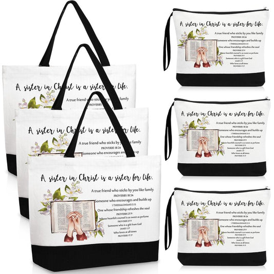 Paterr 6 Pcs 250th Anniversary Christian Tote Bags for Women, Bible Tote Bag and Canva Makeup Bag Inspirational Gifts for Teacher Nurse Ladies Sister Birthday Friendship Old Maids (Sister in Christ)