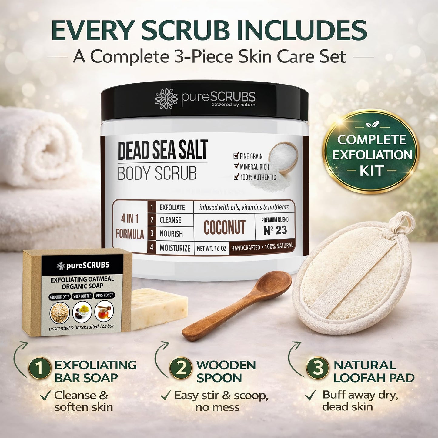 pureSCRUBS Premium Coconut Body Scrub Set - Large 16oz Dead Sea Salt Body Scrub With Infused Essential Oils & Nutrients, Includes Wooden Spoon, Loofah & Oatmeal Exfoliating Bar Soap